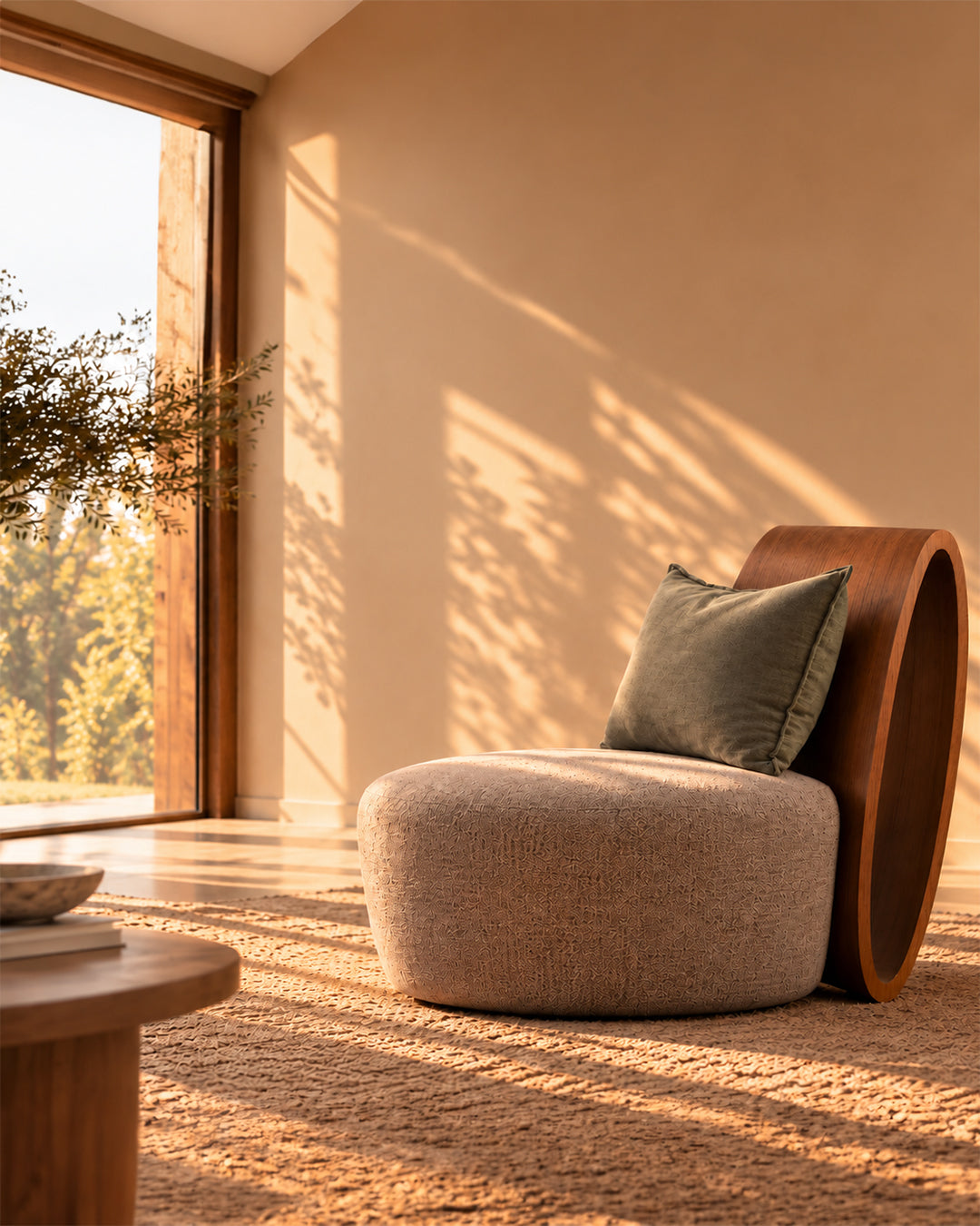 Warm contemporary Egyptian interior with a sculptural wood chair